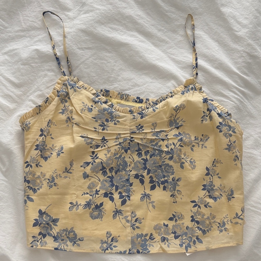 NWT Reformation Olive Top Yellow with Blue Flowers